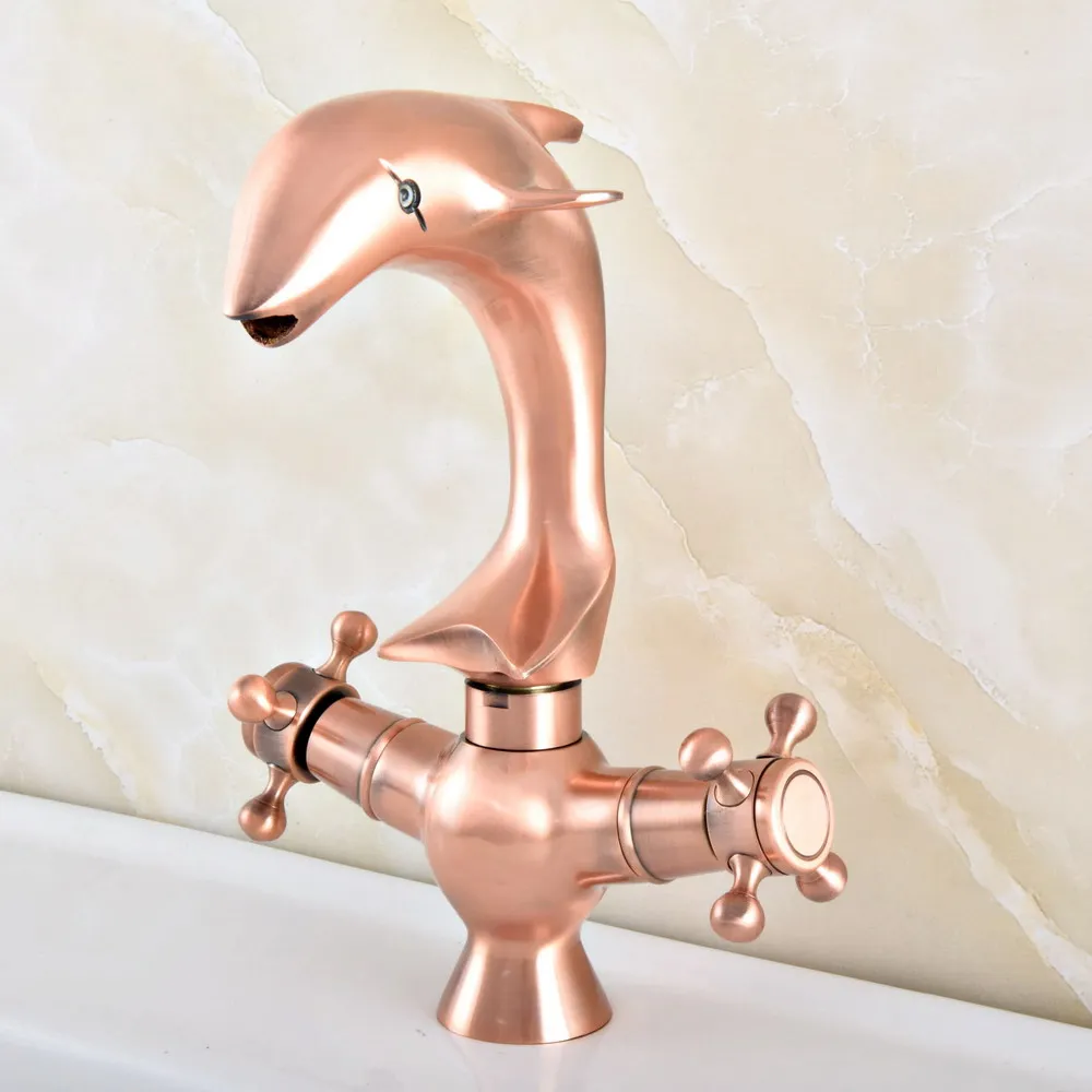 Red Copper Dolphin Bathroom Basin Faucet Single Hole brass Dual handles Hot and Cold Water Tap Deck Mounted Mixers Taps Nsf851