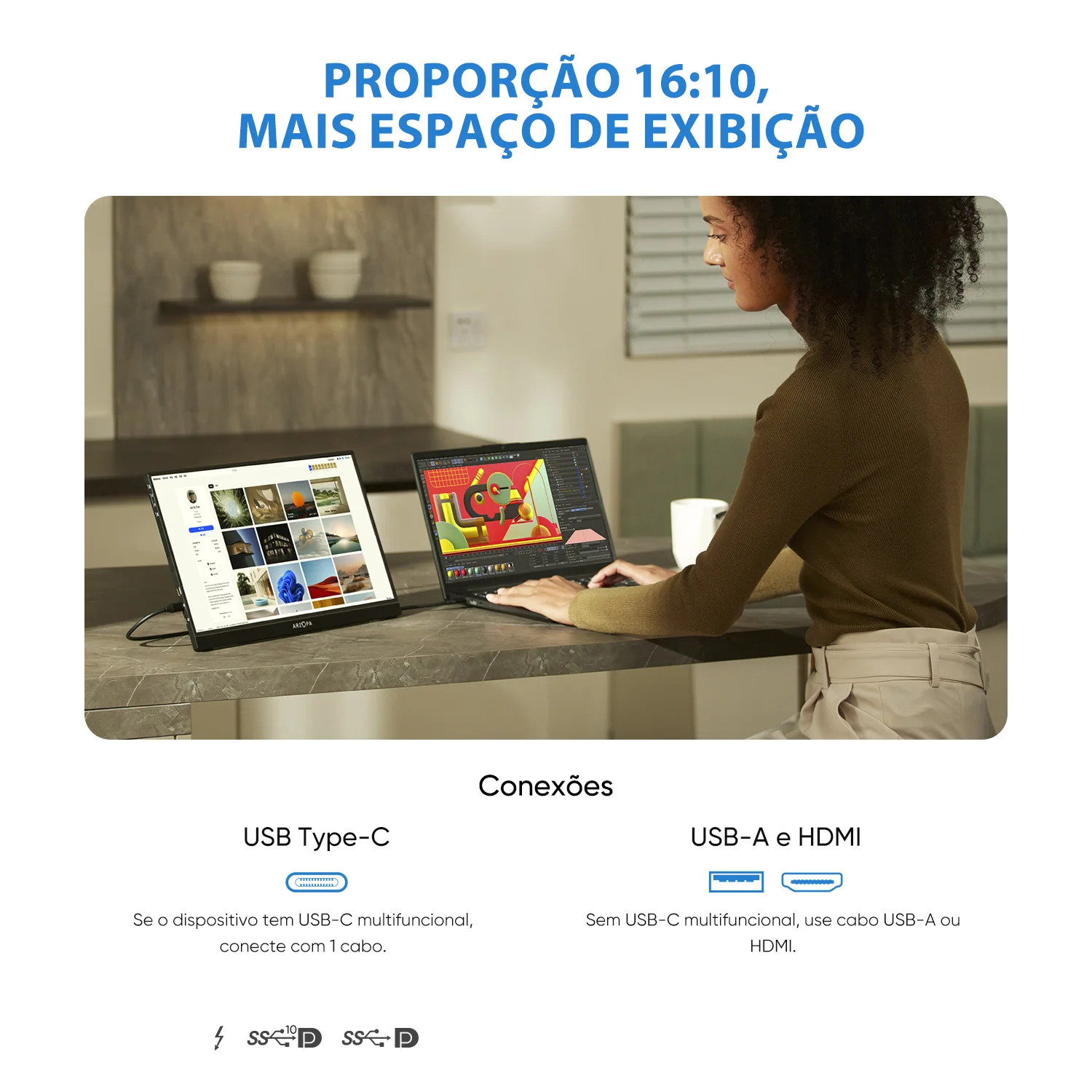[produto no brasil] ARZOPA 16 polegadas 2K Monitor Portátil 16:10 Tela IPS com tipo-c mini hdmi Segundo Display para MAC/Laptop/PC/Xbox/PS4/5/Switch,Z