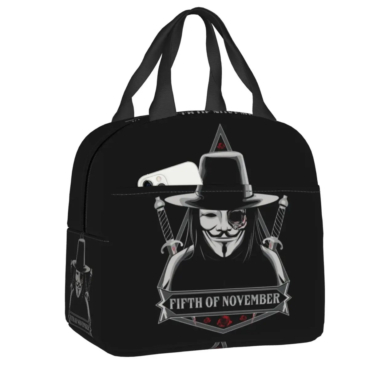 Guy Fawkes Anonymous Revolution Insulated Lunch Bag Women V For Vendetta Lunch Tote for Work School Travel Storage Food Box