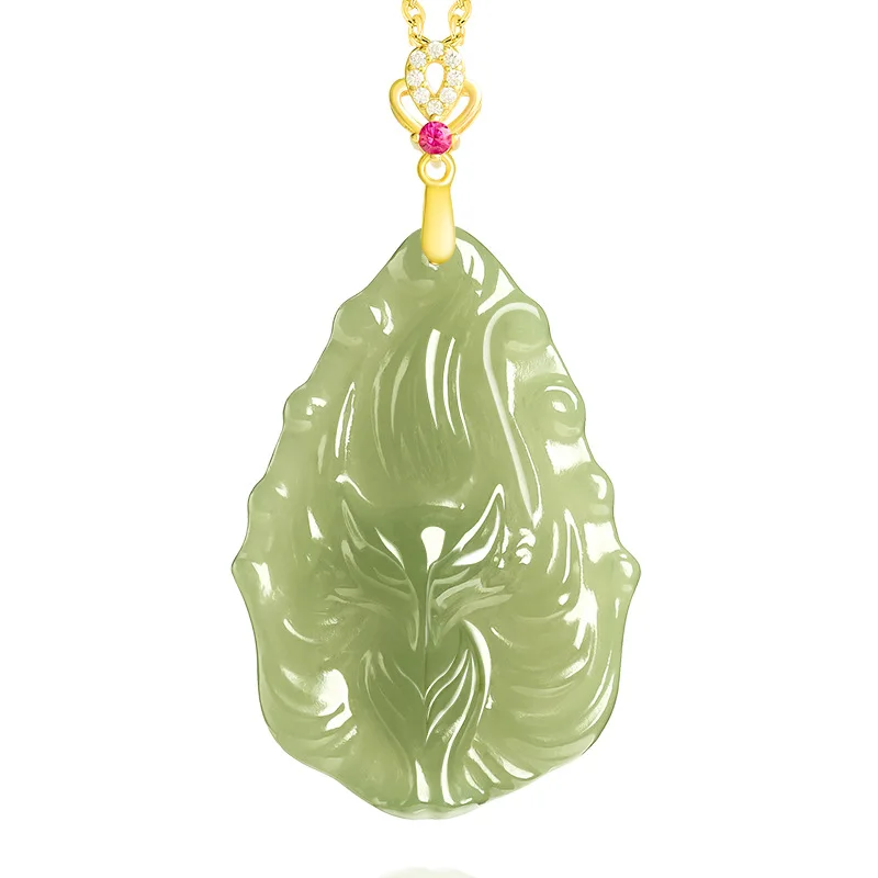Natural Old Material Hetian Jade Nine-Tailed Pendant S925 Silver Inlaid Necklace Men And Women