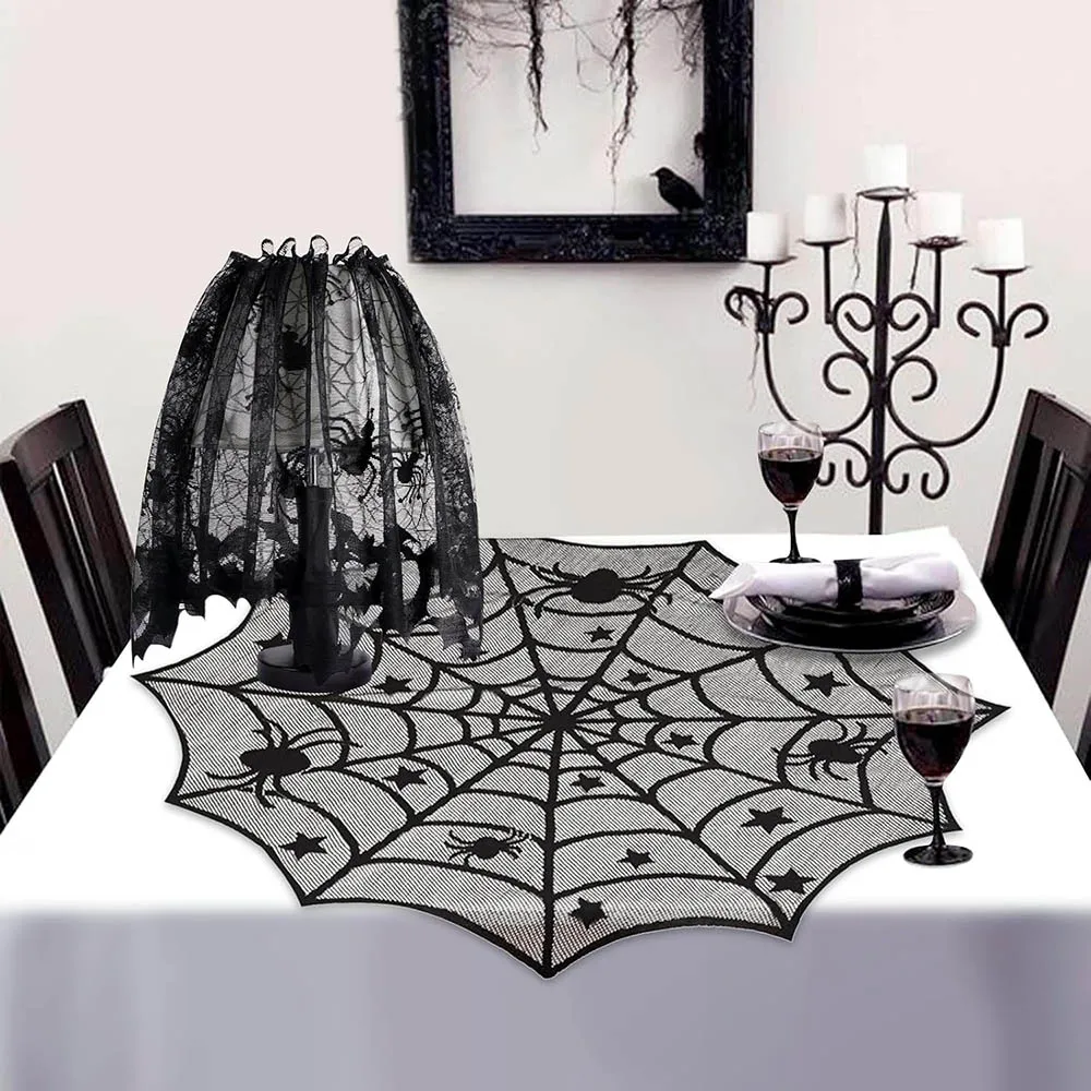 Obrázek 5: Halové halloween dekorace černá krajka stůl runner krb mantel šála kolo ubrus cobweb stínidlo s 3D letouni zeď nálepka
