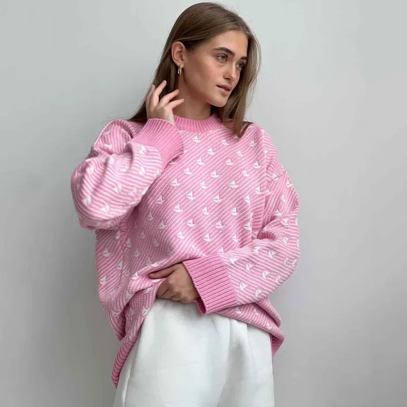 Talenza Knitted Loose Sweater Pullover Women's Fashion Printed Long Sleeve Sweater Casual Slim Round Neck New Pullover Sweater