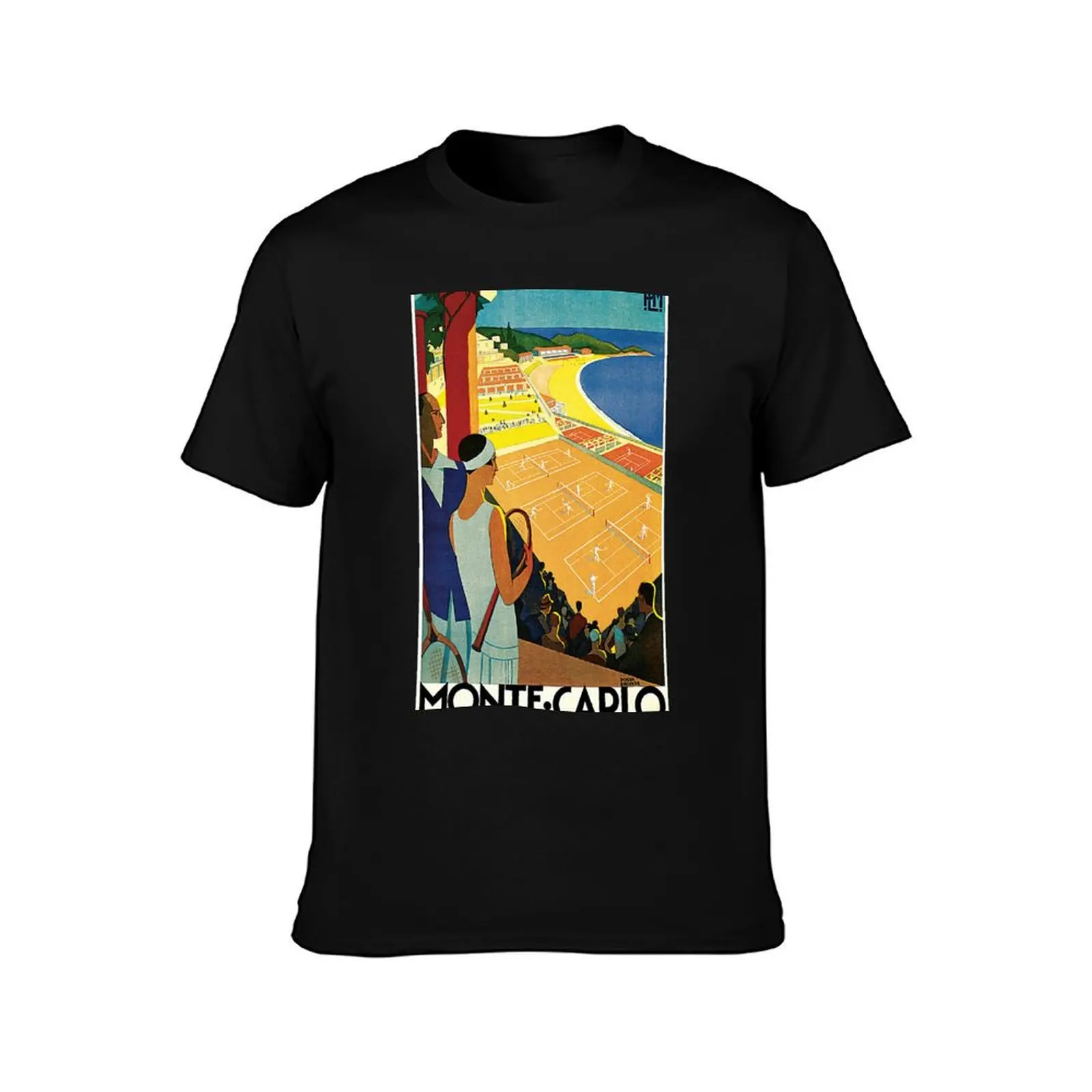 1920s Vintage Monte Carlo Tennis Travel Ad T-Shirt Classic Crew Neck Cotton T-Shirt