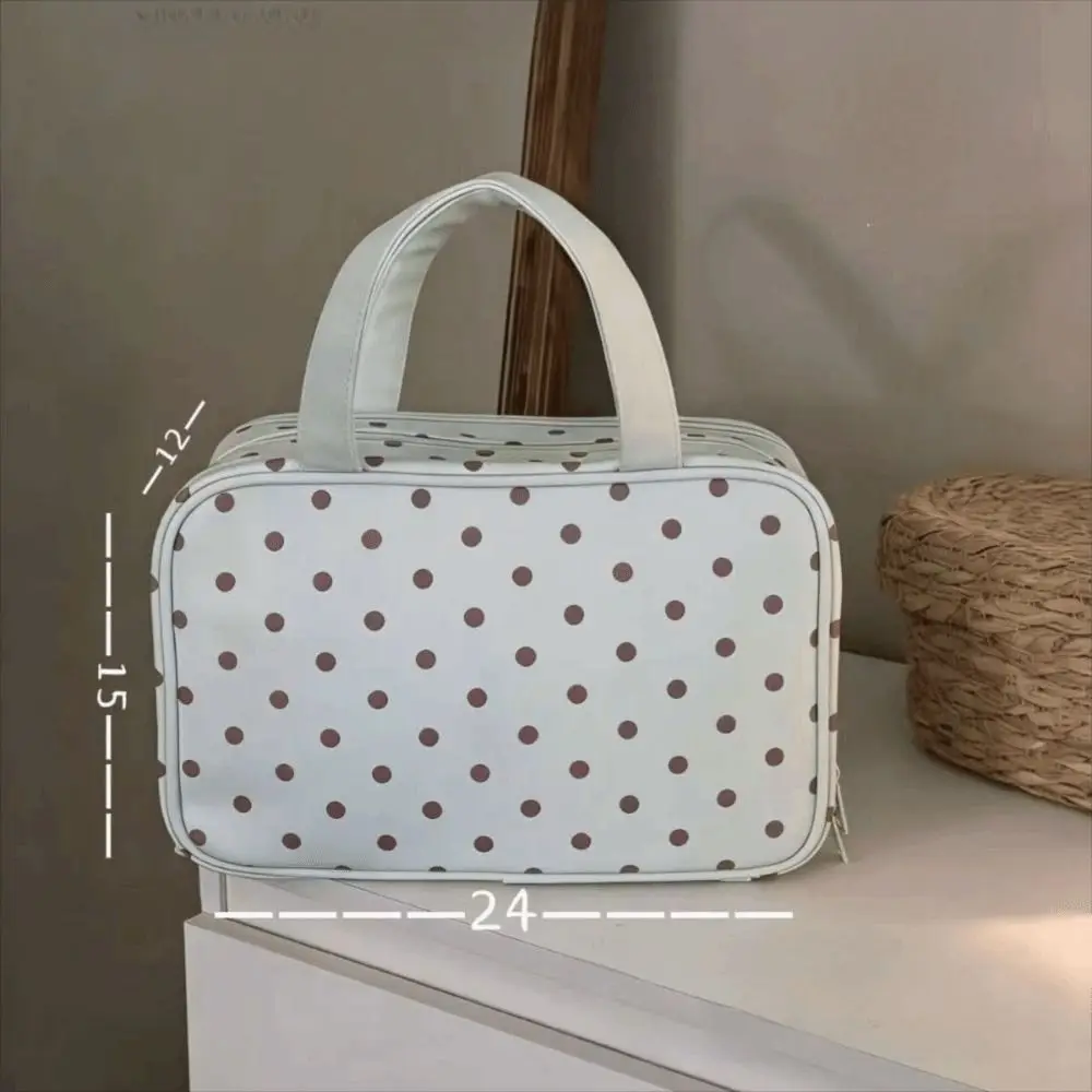 Multifunktionale Polka-Dot-Kosmetiktasche mit großem Fassungsvermögen und Griff, dreilagige PU-Reise-Toilettentasche – Detail 1