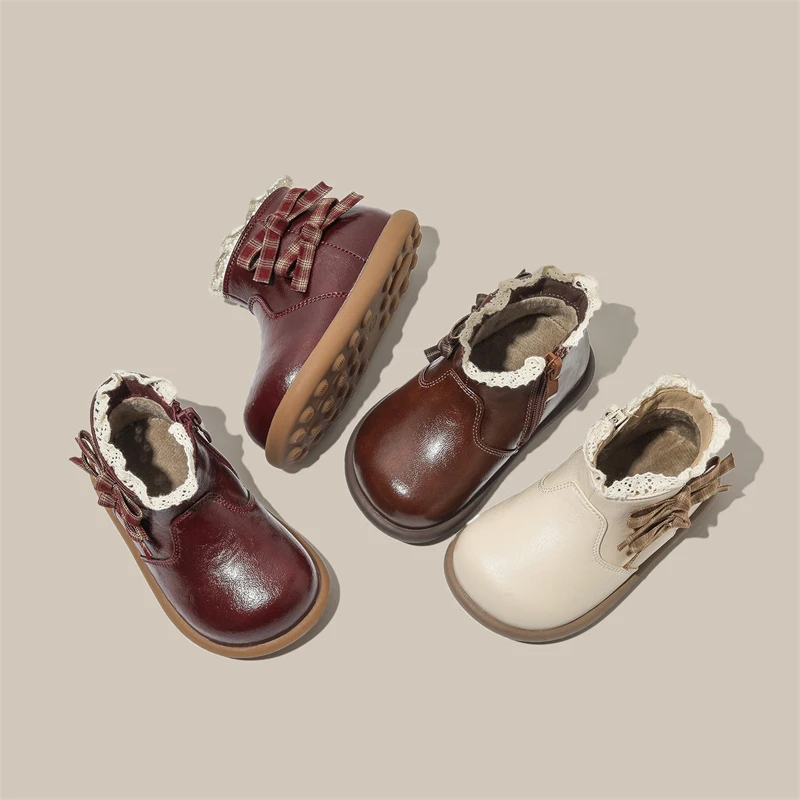 Autumn Winter Baby Girls Boots Children Plaid Bow Party Princess Shoes Infant Non-slip Soft Sole Toddler Kids Warm Plush Boots