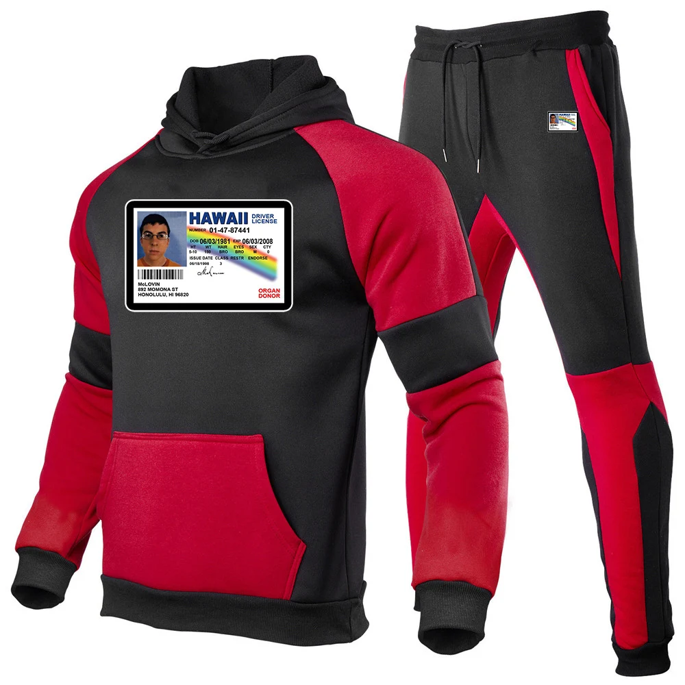Spring And Autumn 2025 Men's New Funny McLovin ID Patchwork Color Set Comfortable Casual Hoodie+Sports Pants Harajuku Suit