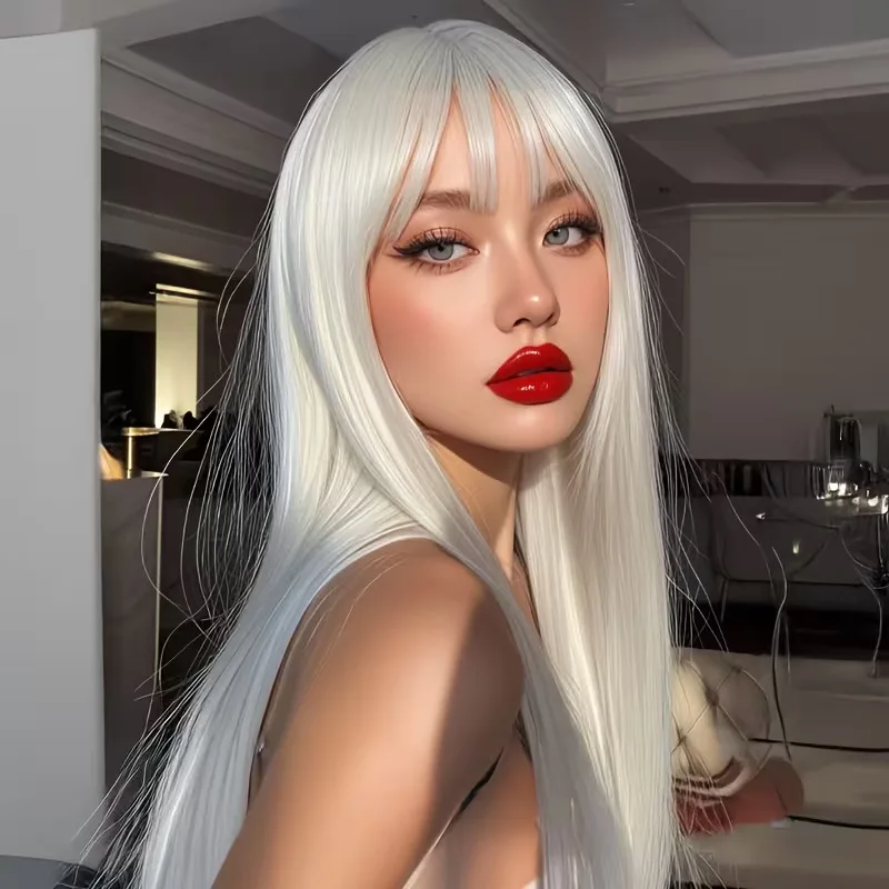White gold Long Straight Wig with Bangs for Women, Pure White Synthetic Hair with Comic Bangs, Full Head Wig