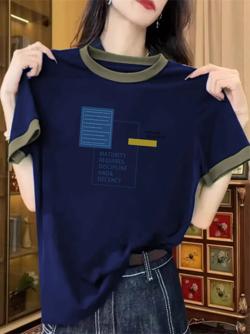 100% Pure Cotton Short Sleeve T-Shirt Women's Summer New Fashion Casual High Quality Color Block Base Shirt Korean Style Loos...