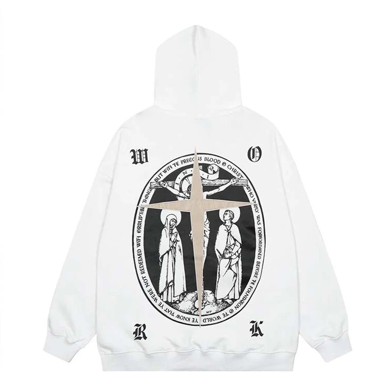 

2022 Hoodie Sweatshirt Men Streetwear Retro Figure Letter Print Patch Hooded Pullover Cotton Harajuku Vintage Hoodie Clothing