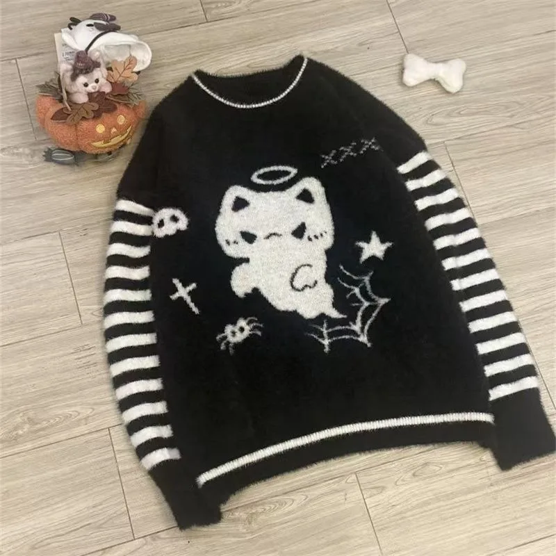 

Black White Contrasting Striped Long Sleeve O-Neck Sweater Women Spring Autumn Fashion Cartoon Ghost Loose Knitted Pullover Tops