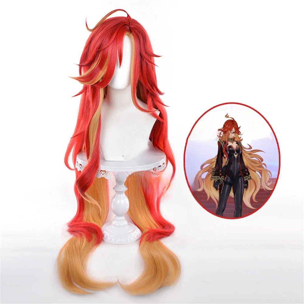 

Парик для косплея аниме Pyro Archon Mavuika, длинный вьющийся парик 115 см, красный, желтый, смешанные термостойкие синтетические парики