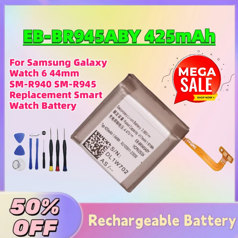

In Stock EB-BR945ABY 425mAh 3.88V Battery for Samsung Galaxy Watch 6 44mm SM-R940 SM-R945 Replacement Smart Watch Battery + Tool