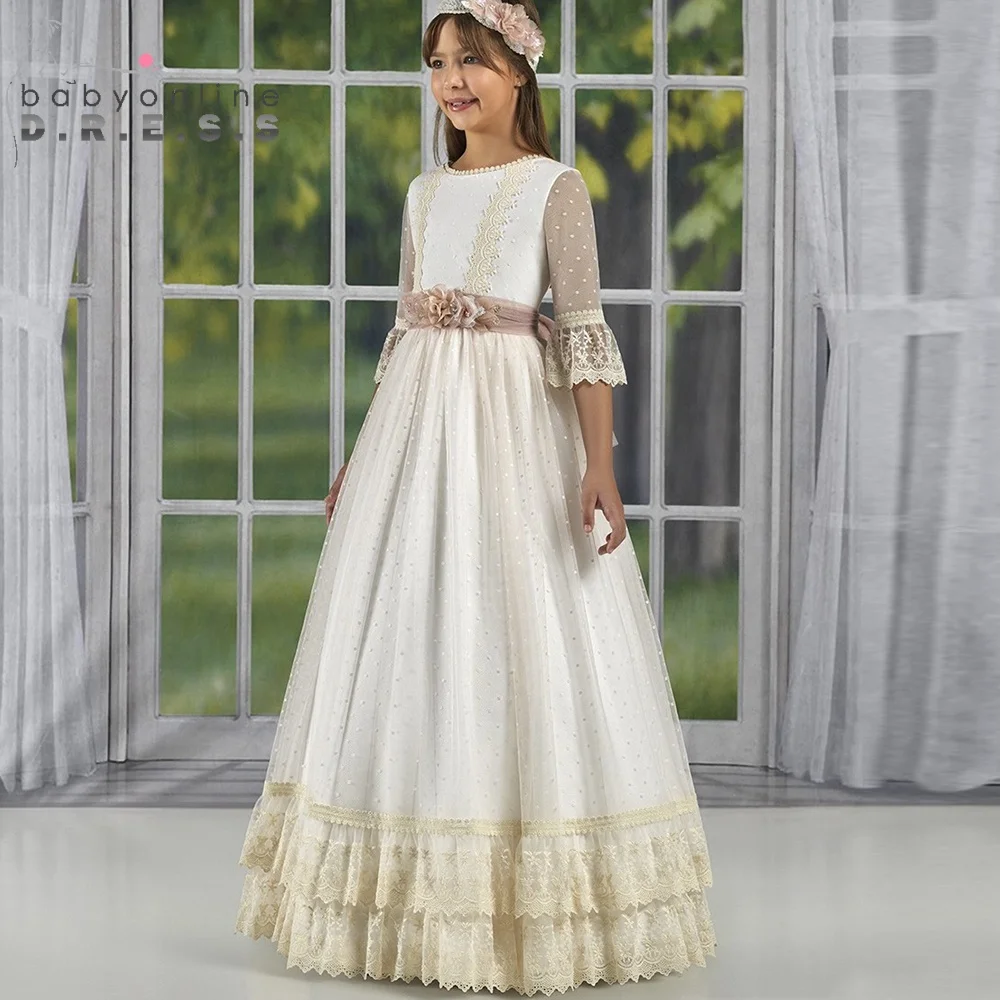 

BABYONLINE Платье Niña для причастия по индивидуальному заказу с круглым вырезом и иллюзией сзади, с половиной рукава, кружевные цветочные ленты с поясом, многоуровневые церемониальные платья