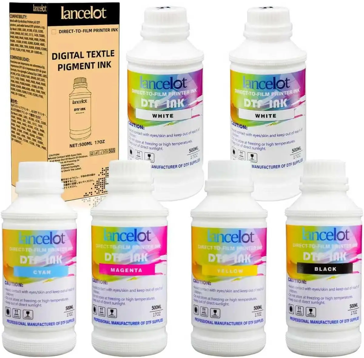 500ML DTF Pigment Ink CYMKW + White – Premium Heat Transfer Ink for XP600 i3200 L805 L1800 DTF Printer, High Density
