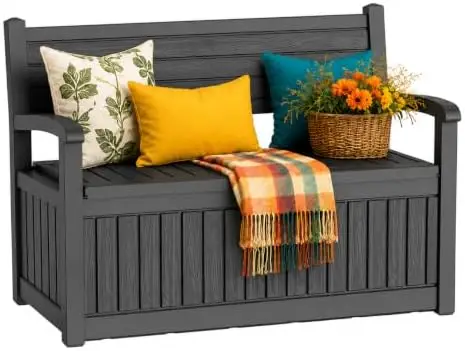 Outdoor Bench, Waterproof Garden Storage Bench, 100 Gallon Deck Box | Lockable Resin Bench Seating Weatherproof