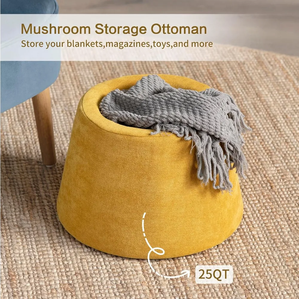 مجموعة مسند للقدمين مع مساحة تخزين، مقعد فانيتي للفطر، مسند قدم مستدير من قماش الشنيل، مقعد إضافي