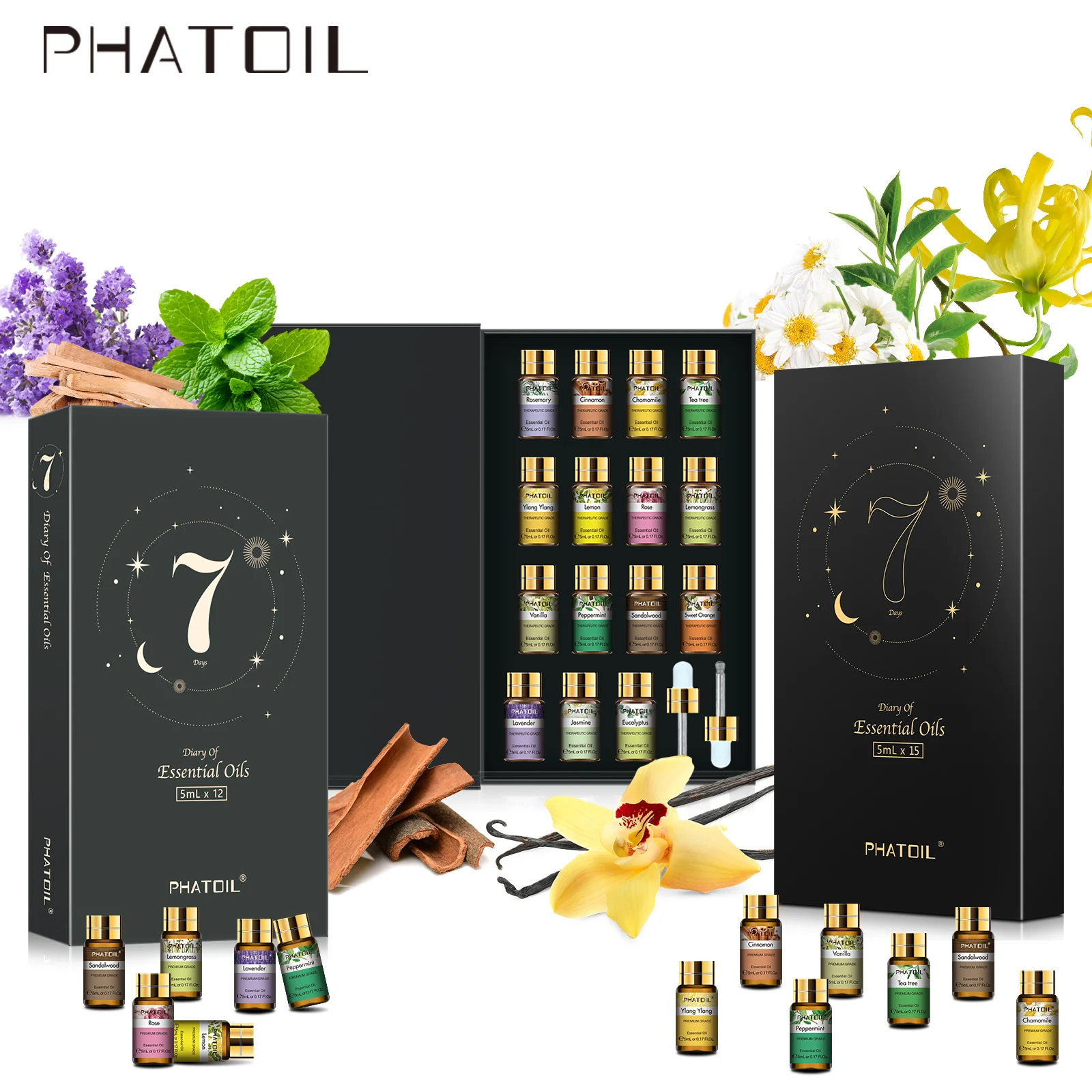 Phatoil 12 peças/15 peças conjunto de óleo essencial de aromaterapia-5ml lavanda baunilha bergamota ylang capim-limão hortelã-pimenta rosa limão aroma