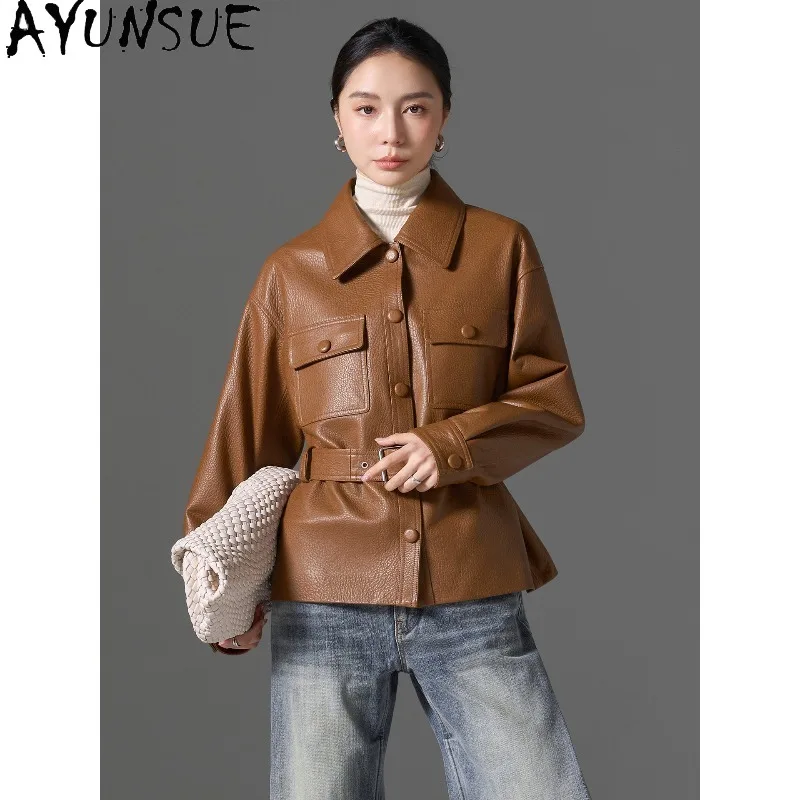 AYUNSUE Sheepskin Jackets for Woman 2026 Fashion Cinched Waist Real Leather Jacket Woman Commute Outerwear Woman Clothes 신상아우터