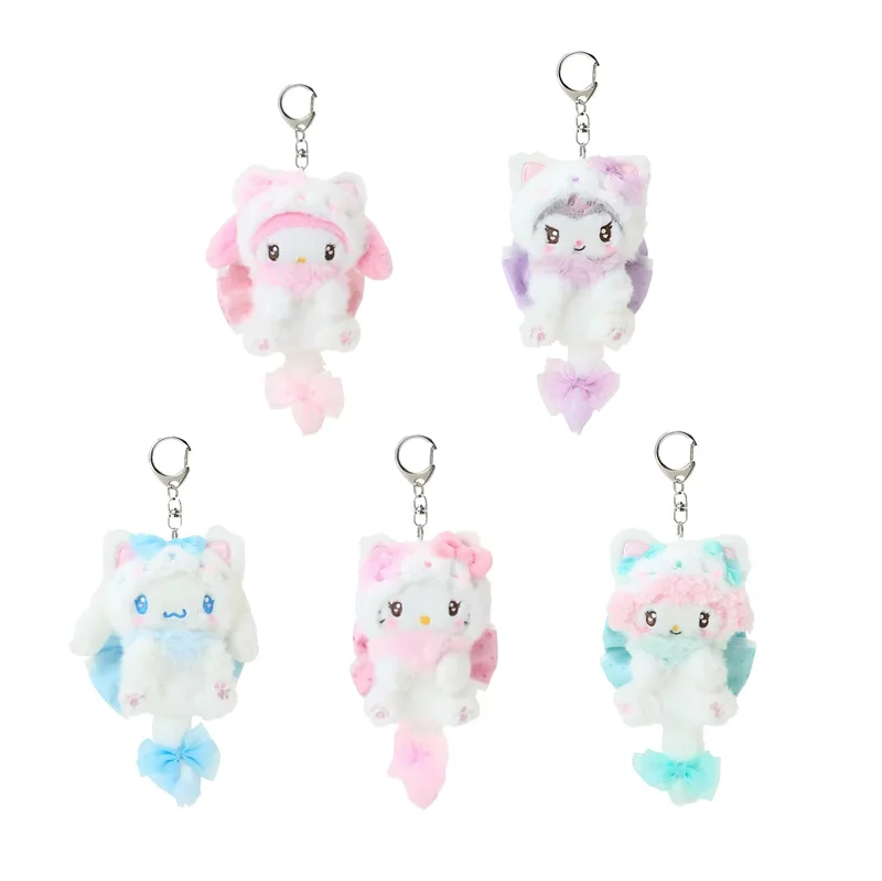 Sanrio Creme-Katzen-Serie: Kitty, My Melody, Sweet Piano Plüsch-Schlüsselanhänger, Kuromi, Cinnamoroll, flauschiger Schwanz, Puppenanhänger, Rucksack-Charm