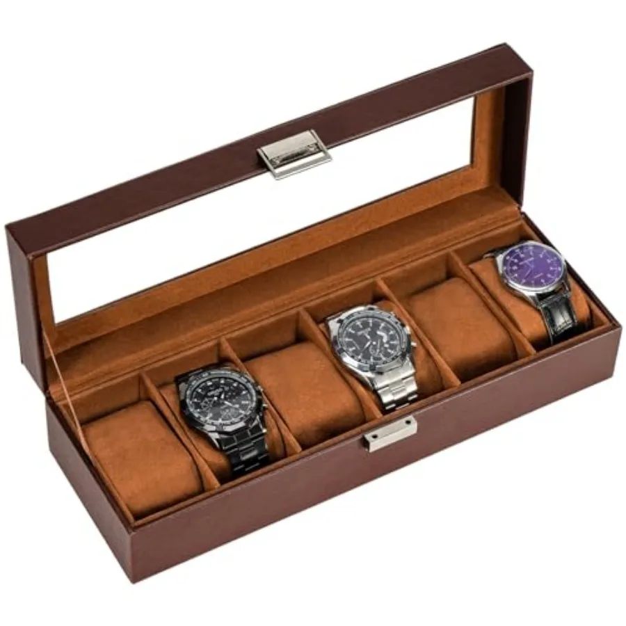 

Watch Box, Fathers Day Gift for Dad, 6 Slot Mens Watch Case, Watch Storage Holder Organizer, Watch Display Case with Glass Lid,