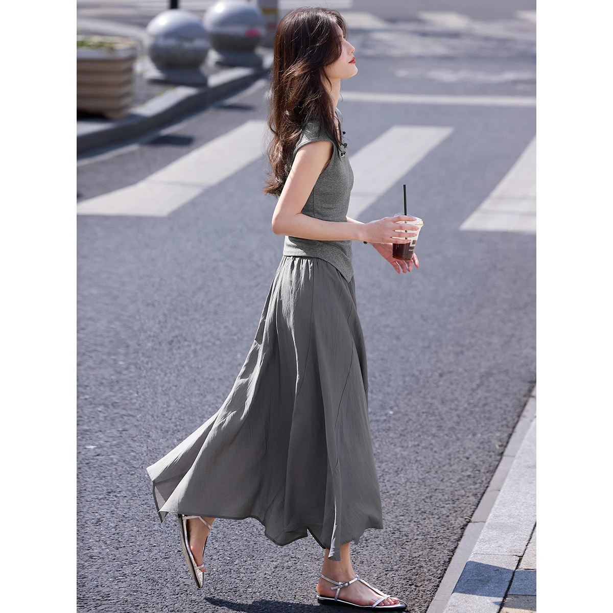 VIMLY Women's Gray Casual Suit 2026 Irregular Sleeveless T-shirt Long Skirt Two-piece Set Summer Elegant Commute Outfit 31167