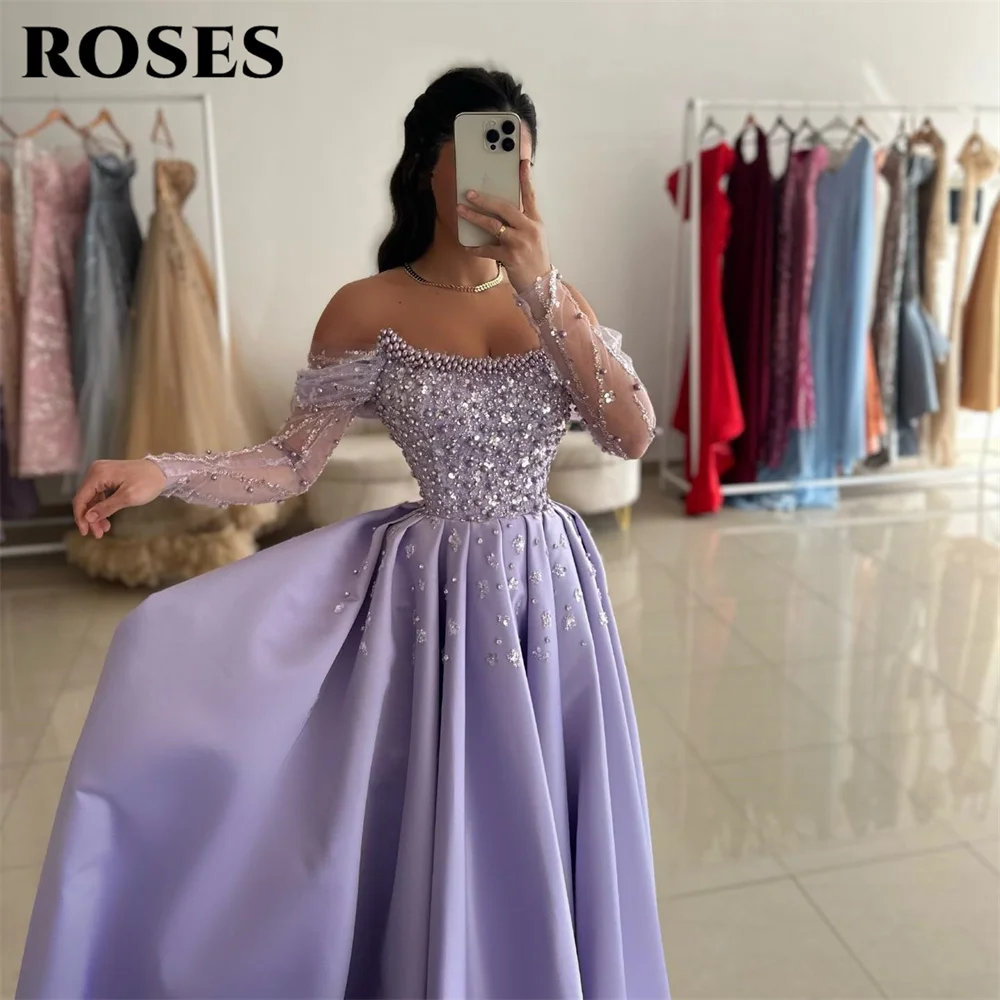 ROSES Purple Elegant Off-Shoulder Evening Dresses for Woman Shiny Sequins Prom Dress with Pearl Sexy Lace Satin Ball Gown 프롬 드레스