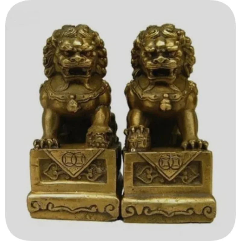 Brass Folk Fengshui Fu Foo Dogs Guardion Door Lion Statue Pair 7cm Wish U Wealth