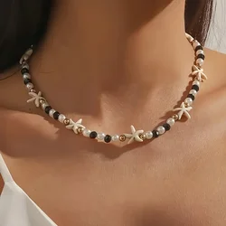 Fashionable and minimalist turquoise starfish mixed with pearl black bead neck women's necklace, versatile for daily use