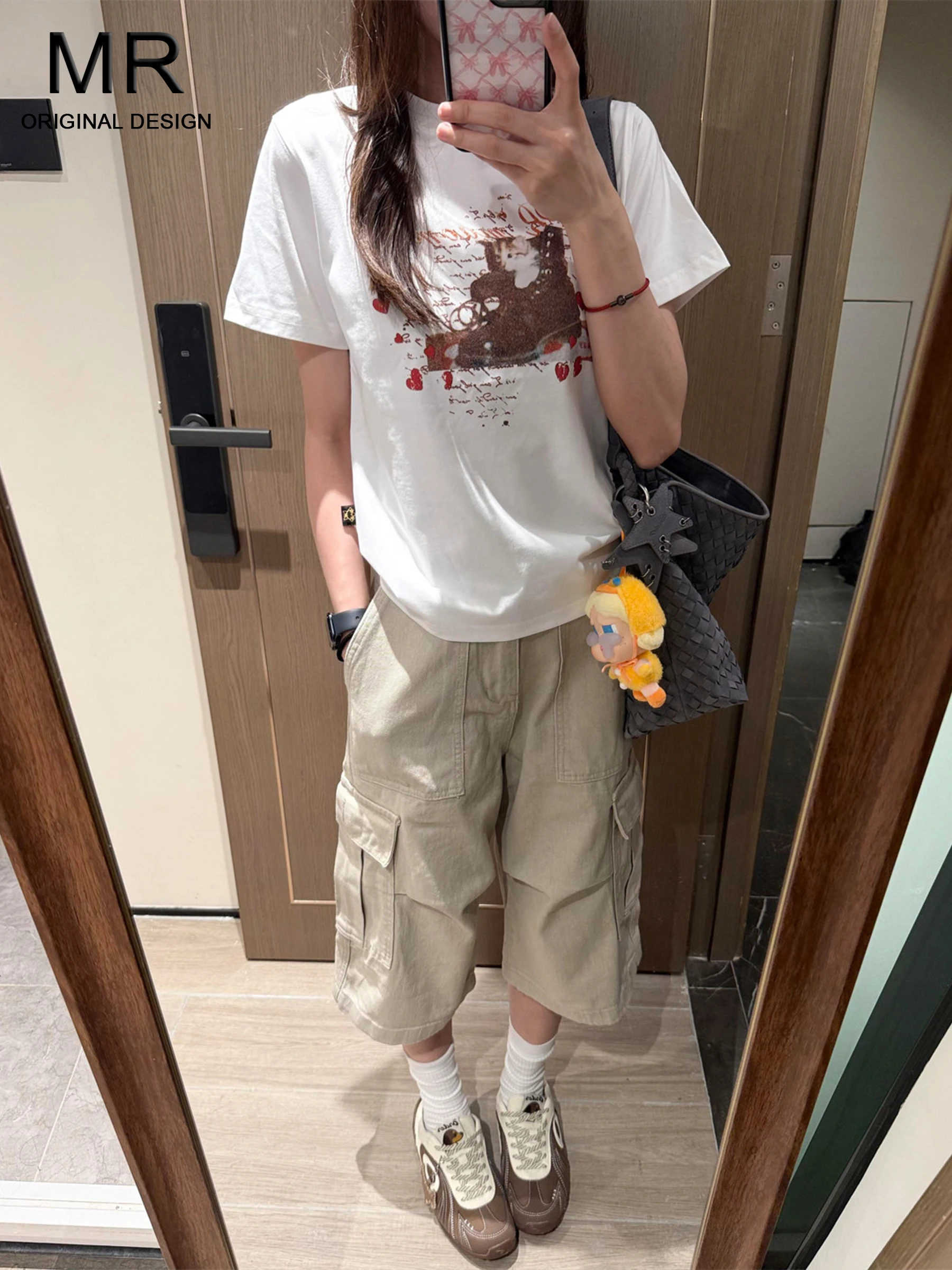 

Khaki American Style Workwear Wide Leg Pants Women's Loose Fit Summer Slimming Design Multi-Pocket Seven-Foot Jeans