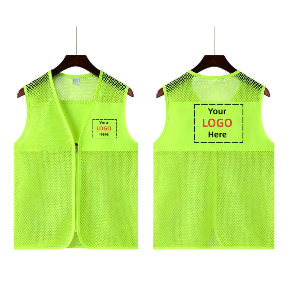 Custom Logo Fishnet Mesh Volunteer Women Vest Zipper Sleeveless Work Waistcoat No Pockets Breathable Event Uniform Men Vests