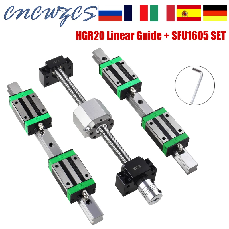 2pcs HGR20 Square Linear Guides + 4pcs HGH20CA Blocks + 1set SFU1605 Ball Screw Lead 5mm BK/BF12 Coupler Nut Housing for CNC