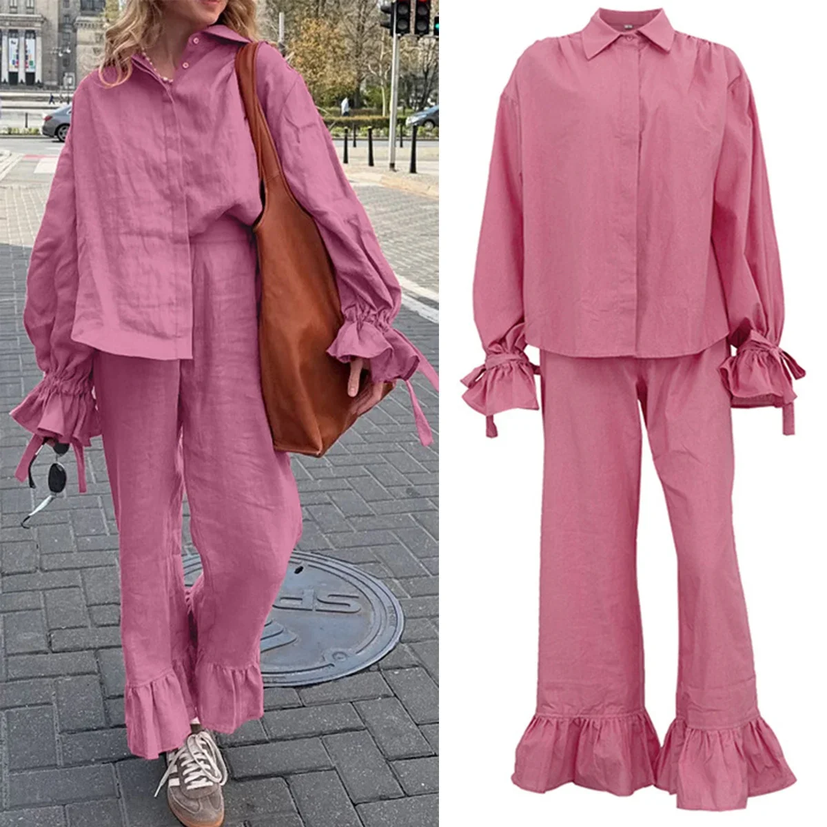 

Осенний хлопковый вязаный комплект с расклешенными рукавами и рюшами по подолу, широкие брюки, уличная одежда, осенний женский комплект из двух предметов