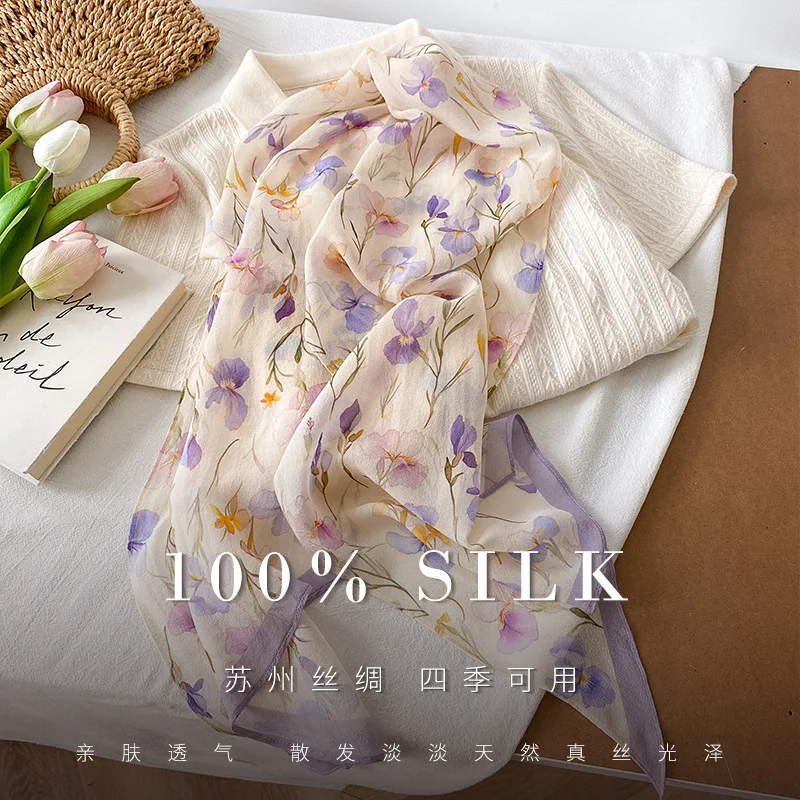 

New 100% Natural Silk Scarf Spring and summer floral Scarves Shawls Wraps Pashmina Fashion women Hijab Bandana Kerchief foulard