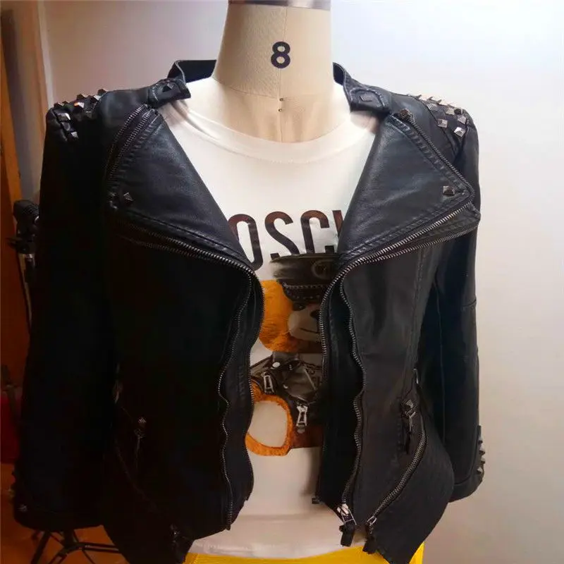Spring Women Fashion Rivet Double Zipper Hip Hop Slim PU Leather Jackets Ladies Motorcycle Top Coats Female Chaquetas Plus Size