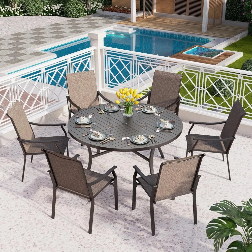 

7 PCS Patio Dining Table and Chairs,Round Metal Dining Table with 6 Dining Chairs,Sling Fabric and Metal Frame,