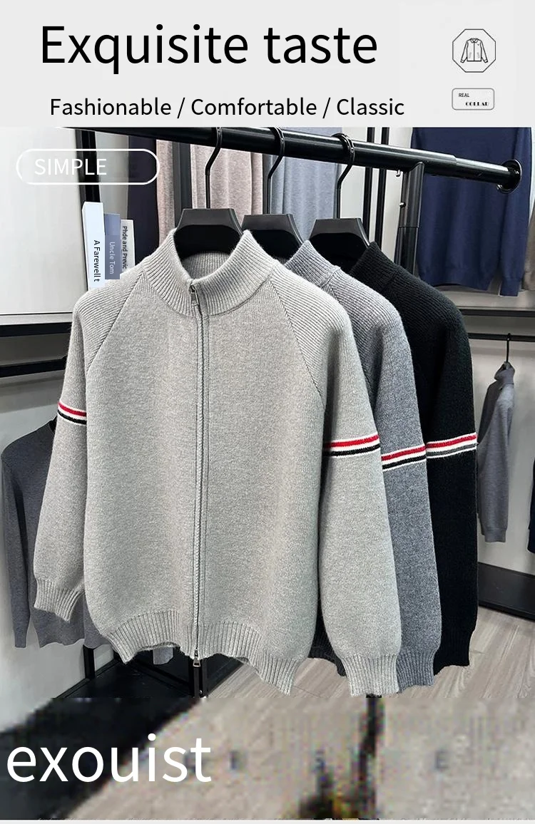 Heiß begehrtes Herren-Strickhemd für Herbst und Winter mit Reißverschluss, modischem Streifenmuster, Business-Casual, verdickt, neues Herren-Strickhemd – Detail 2