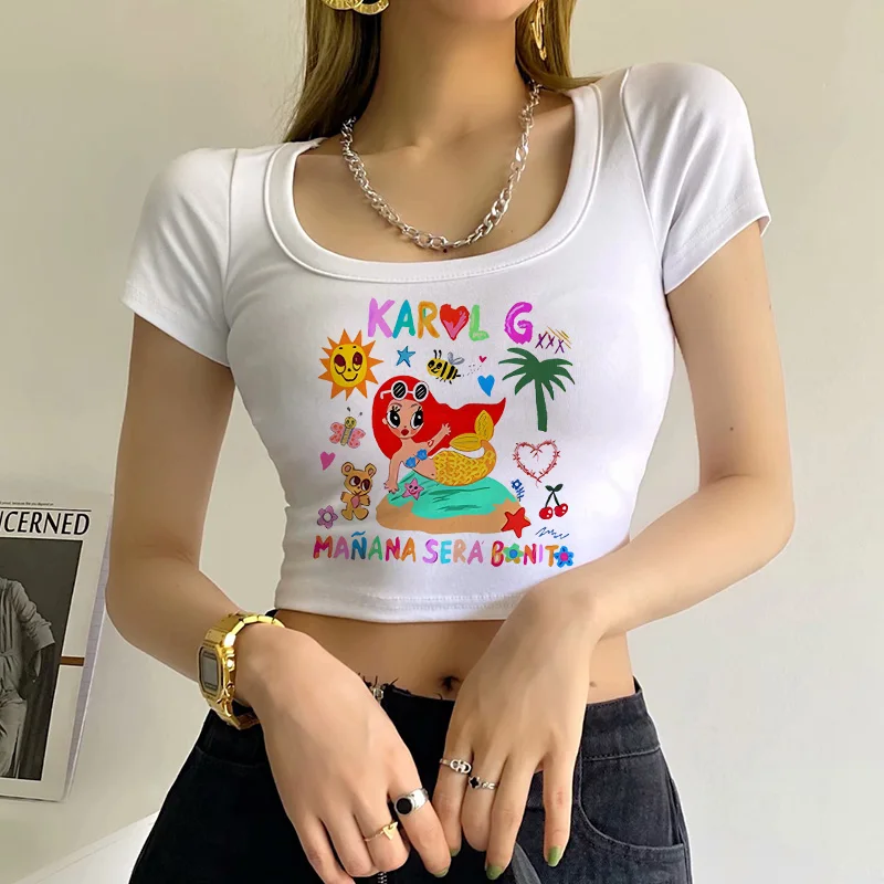 Karol G Manana Sera Bonito para mujer, Top corto con escote grande para mujer, camisetas bonitas con estampado de sirena, Y2k