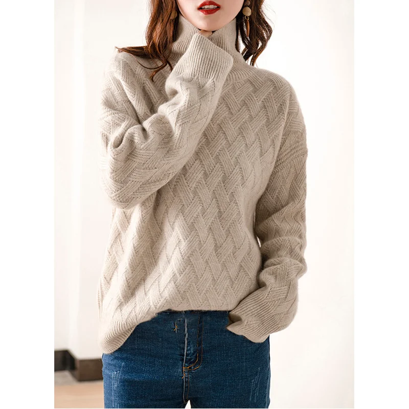 Women Wool Blend Cable Knit Turtleneck Sweater Oat Color Oversized Lantern Sleeve Thick Warm Pullover Fall Winter Daily Top