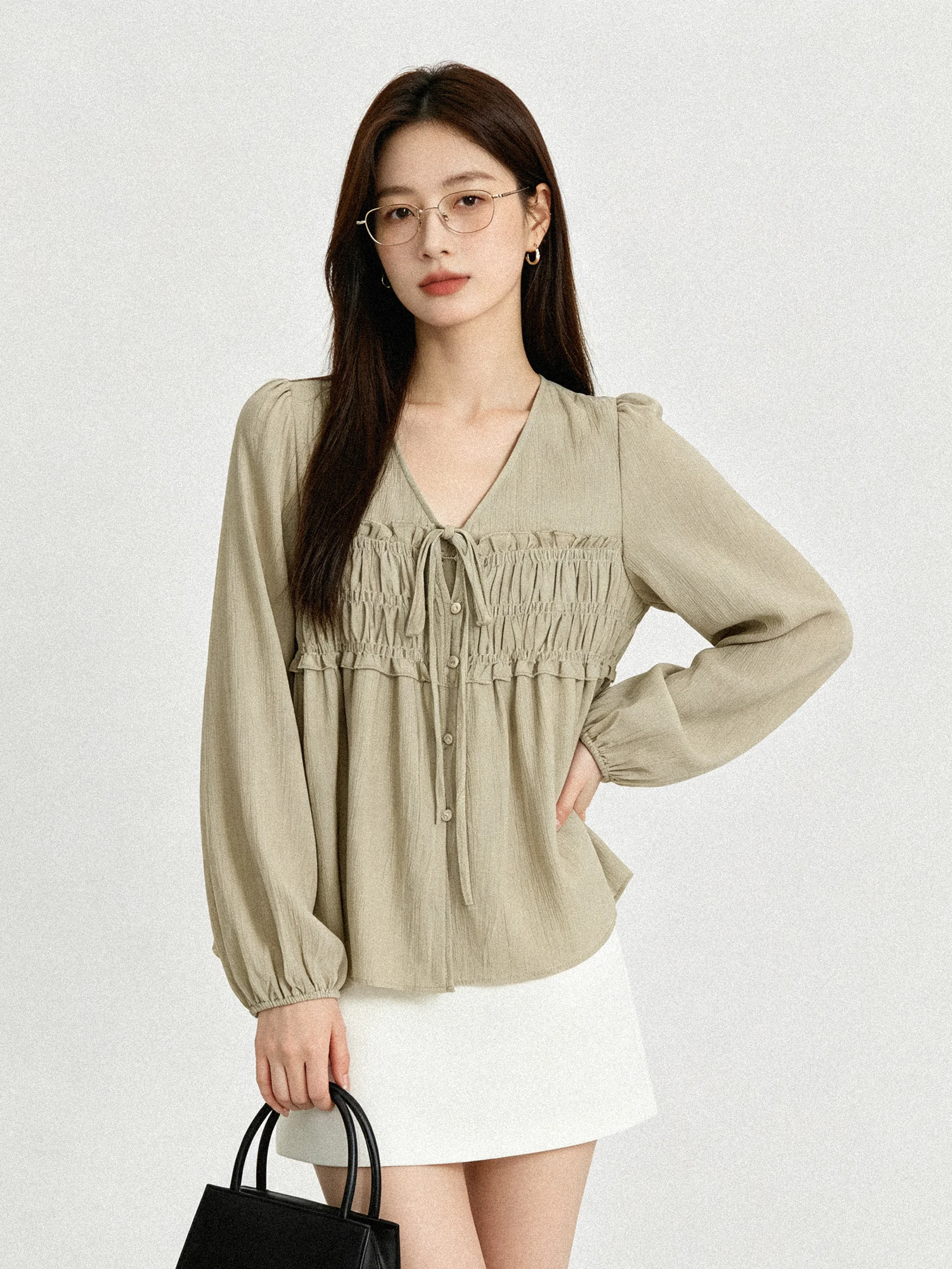 Elegant Long Sleeve Women's Shirt Loose Fit Gathered Wooden  Feminine Style Korean Fashion Breathable Skin-friendly Casua...