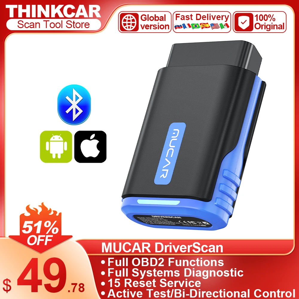 MUCAR DriverScan OBD2 Diagnostic Tool Full System Car Scan Tool Diagnosis scanner BI-Directional Control 15 Resets Code Reader