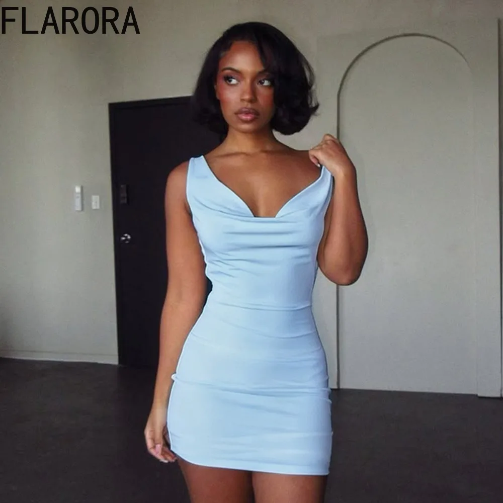 

FLARORA Sexy Chain Decoration Mini Dress Woman Elegant V Neck Sleeveless Backless Peach Hip Bodycon Dresses Chic Party Clubwear
