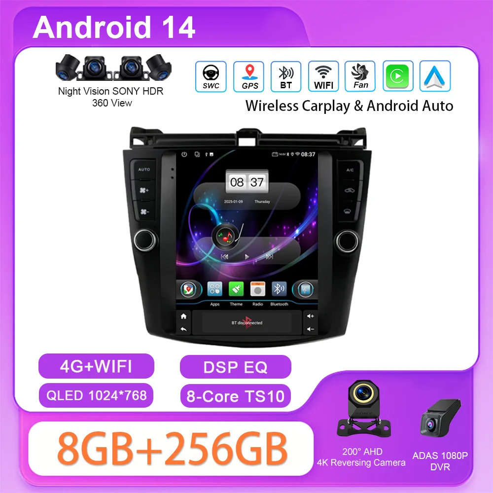 

Android 14 Автомобильный радиоприемник Стерео Мультимедийный видеоплеер для Honda Accord 7 2003-2008 Авто GPS-навигация 4G Головное устройство NO 2Din DVD