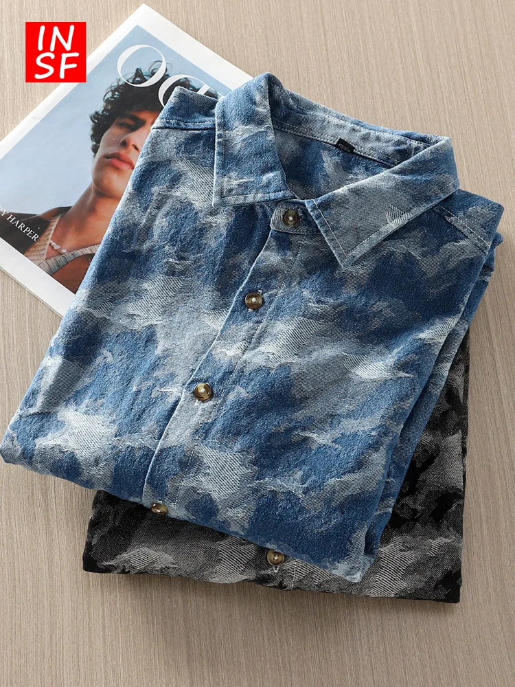 

American Sle Retro Denim irt Men's Collar Long Sve Loose Casual irt Young Faion Outerwear Wear Resistant Polyester...