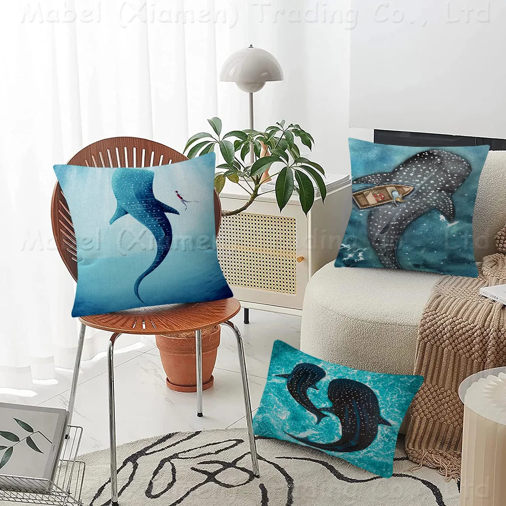 

Blue Watercolor Whale Shark Marine Animals Pillow Gift Home Office Decoration Bedroom Sofa Car Cushion Cover Case 45x45