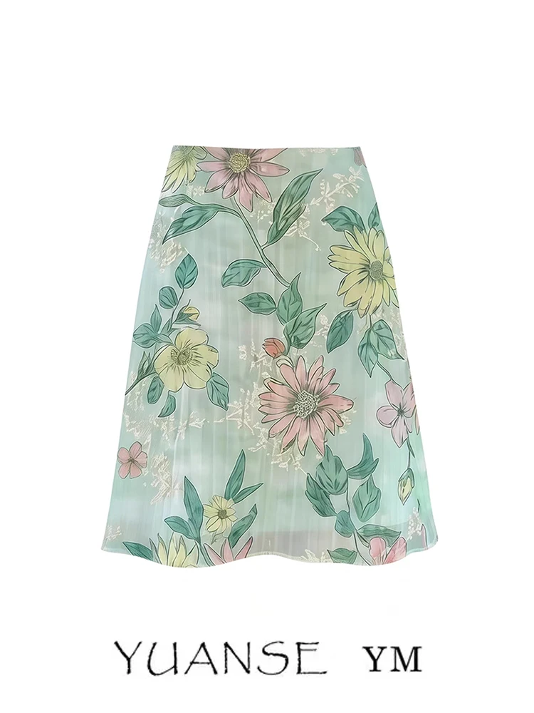 Spring And Landscape Holiday Style Green Print A-Line  Skirt Women Summer Forest System Slimming Versatile Beach Skirt