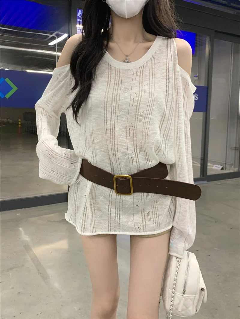 

Loose Women's Long Sve T-irt Knitwear oulder Bared Spring Summer Casual Comfortable UV Protection Top Design Sensation