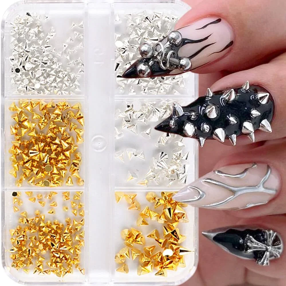 Appro150pcs/box Punk Cone Spike Nail Charms Studs Cool Girl  Rock Mini 1.5-3mm Metal Gold Silver Rivet For DIY Nail Art Decorat