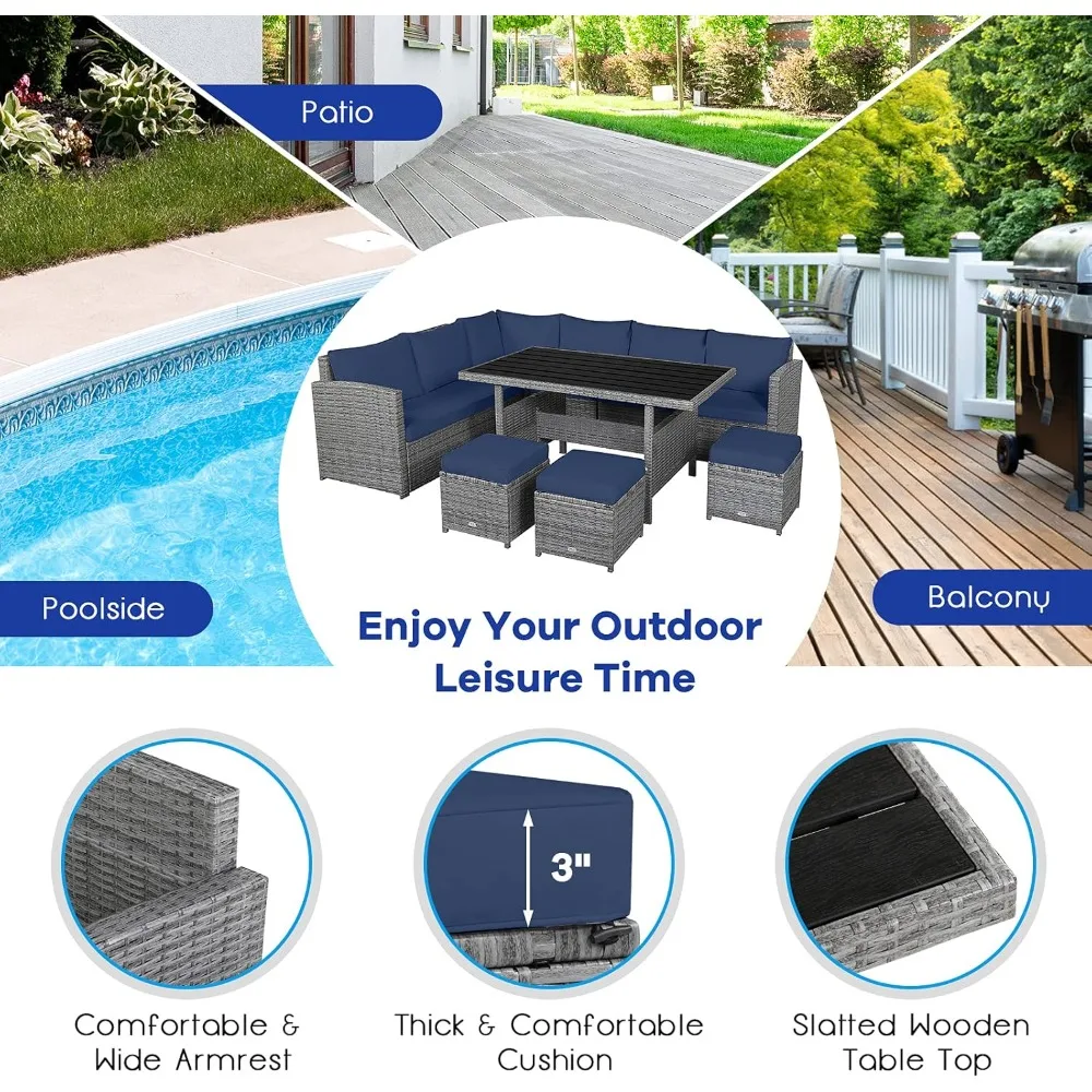 Juego de muebles de mimbre para Patio, juego de sofá de mimbre para exteriores con mesa de comedor y otomanos, cojines suaves para jardín trasero, 7 Uds.