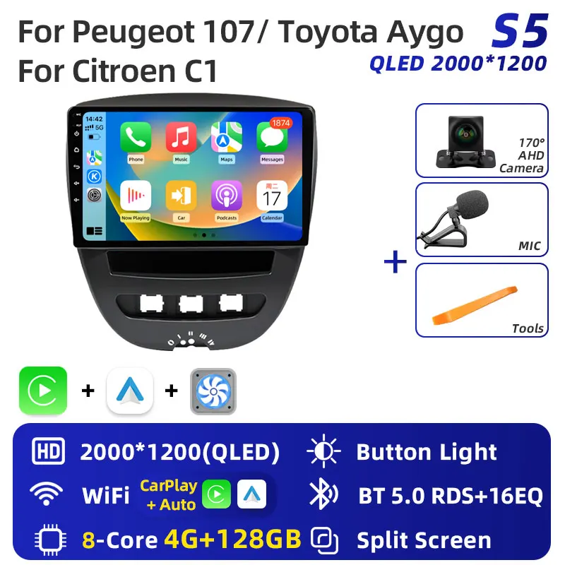 Android 16 2 Din Auto Multimedia Speler Voor Peugeot 107 Toyota Aygo Citroen C1 2005-2014 Head Unit Stereo GPS navigatie BT WIFI