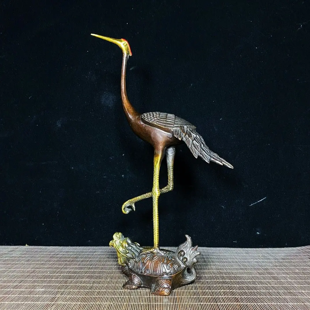 Gilded & Color-Painted Solid Copper Ornament of Turtle and Crane (Symbolizing Longevity)